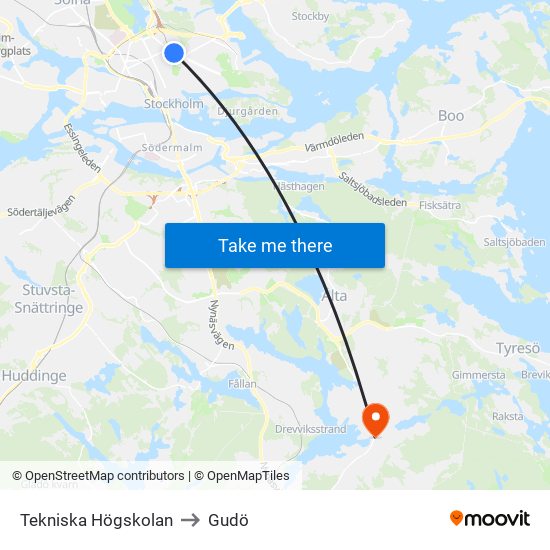 Tekniska Högskolan to Gudö map