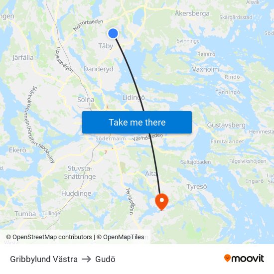 Gribbylund Västra to Gudö map