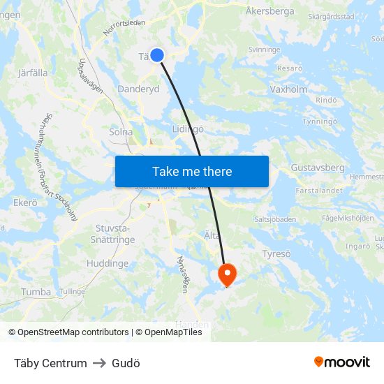 Täby Centrum to Gudö map