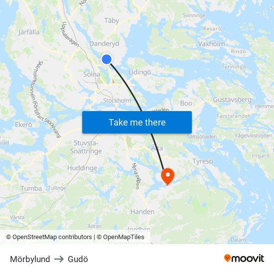 Mörbylund to Gudö map