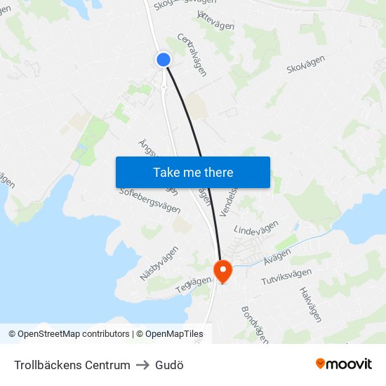 Trollbäckens Centrum to Gudö map