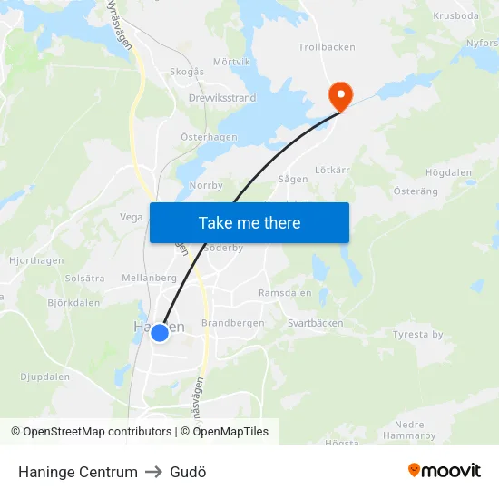 Haninge Centrum to Gudö map