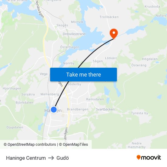 Haninge Centrum to Gudö map