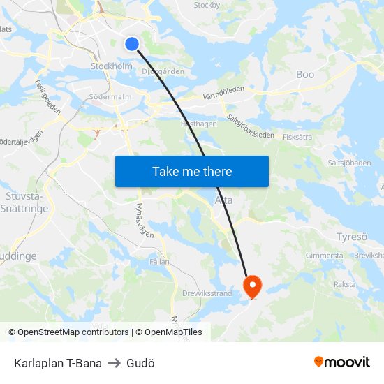 Karlaplan T-Bana to Gudö map