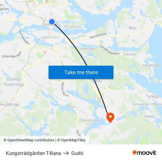 Kungsträdgården T-Bana to Gudö map