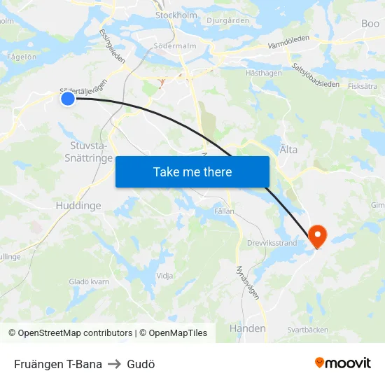 Fruängen T-Bana to Gudö map