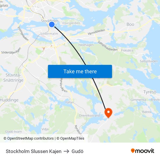 Stockholm Slussen Kajen to Gudö map