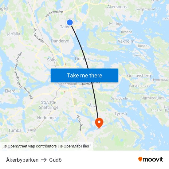 Åkerbyparken to Gudö map