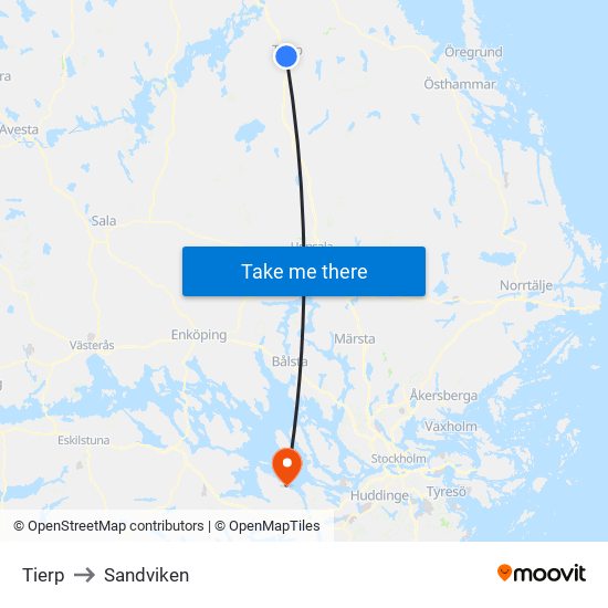 Tierp to Sandviken map