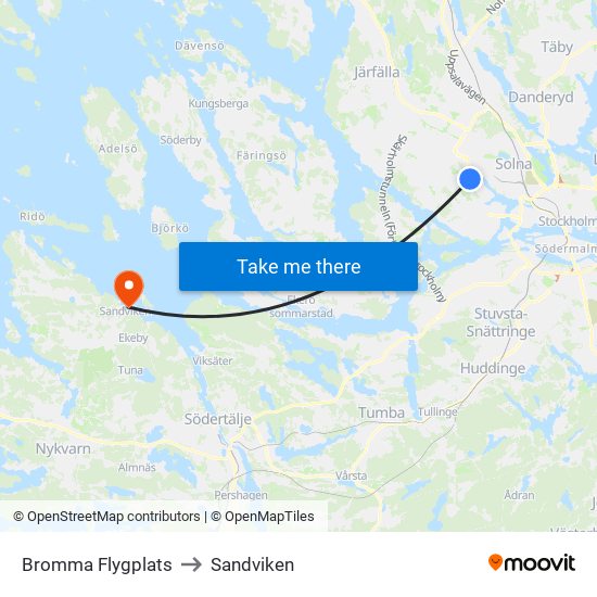 Bromma Flygplats to Sandviken map