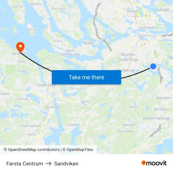 Farsta Centrum to Sandviken map