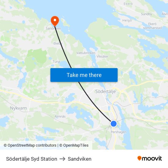 Södertälje Syd Station to Sandviken map