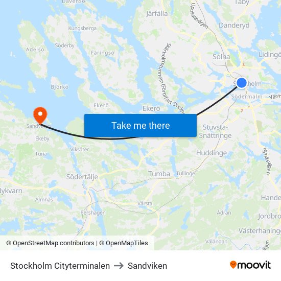 Stockholm Cityterminalen to Sandviken map