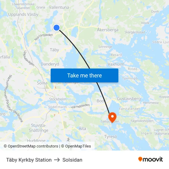Täby Kyrkby Station to Solsidan map