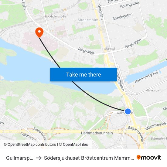 Gullmarsplan to Södersjukhuset Bröstcentrum Mammografi map