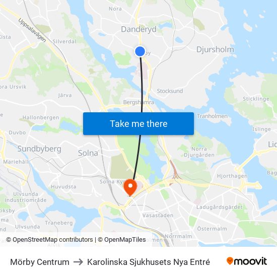 Mörby Centrum to Karolinska Sjukhusets Nya Entré map