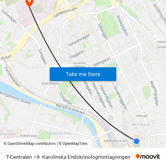 T-Centralen to Karolinska Endokrinologmottagningen map