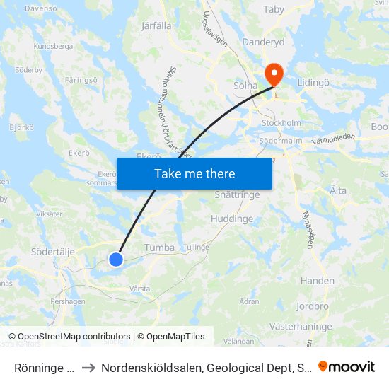 Rönninge Station to Nordenskiöldsalen, Geological Dept, Stockholm University map