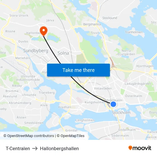 T-Centralen to Hallonbergshallen map