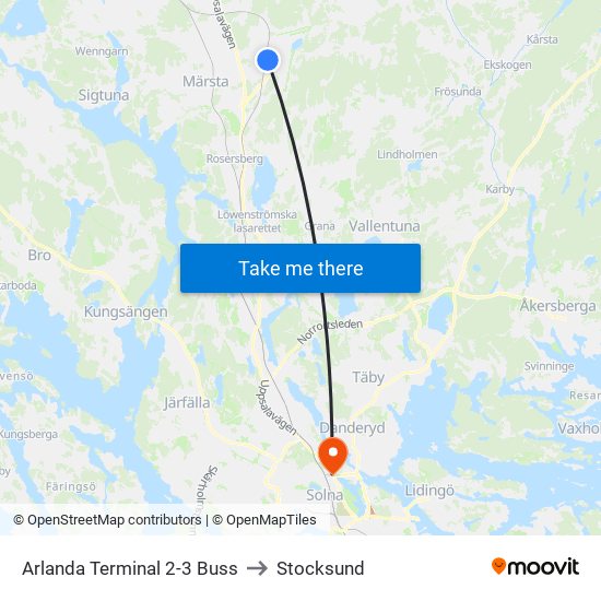 Arlanda Terminal 2-3 Buss to Stocksund map