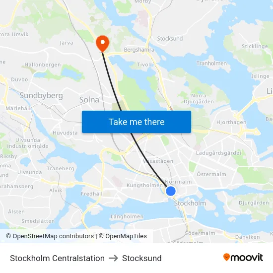 Stockholm Centralstation to Stocksund map