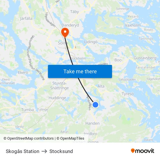 Skogås Station to Stocksund map