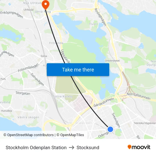 Stockholm Odenplan Station to Stocksund map