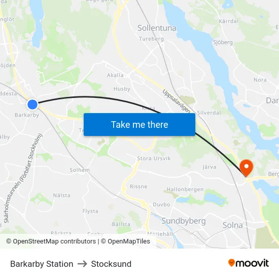 Barkarby Station to Stocksund map