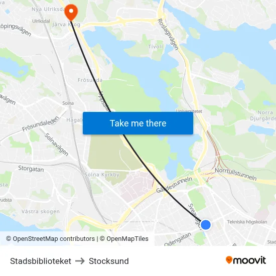 Stadsbiblioteket to Stocksund map