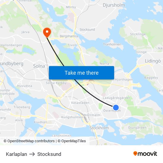 Karlaplan to Stocksund map