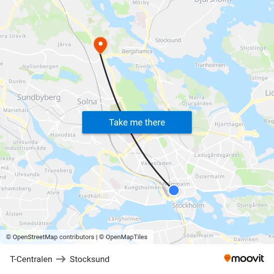 T-Centralen to Stocksund map