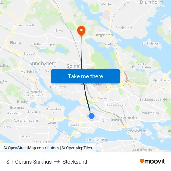 S:T Görans Sjukhus to Stocksund map