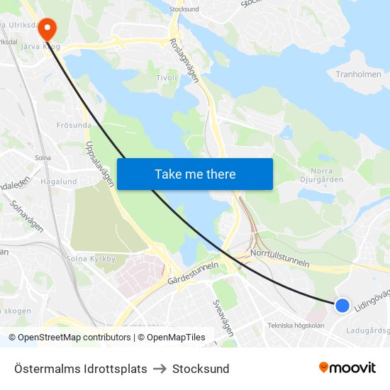 Östermalms Idrottsplats to Stocksund map