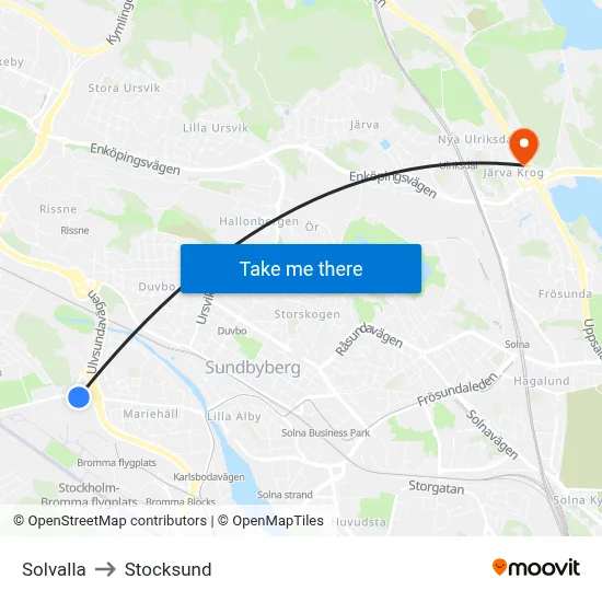 Solvalla to Stocksund map