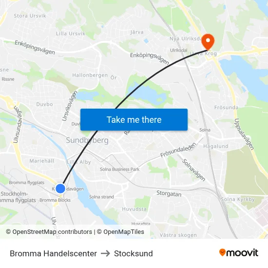 Bromma Handelscenter to Stocksund map