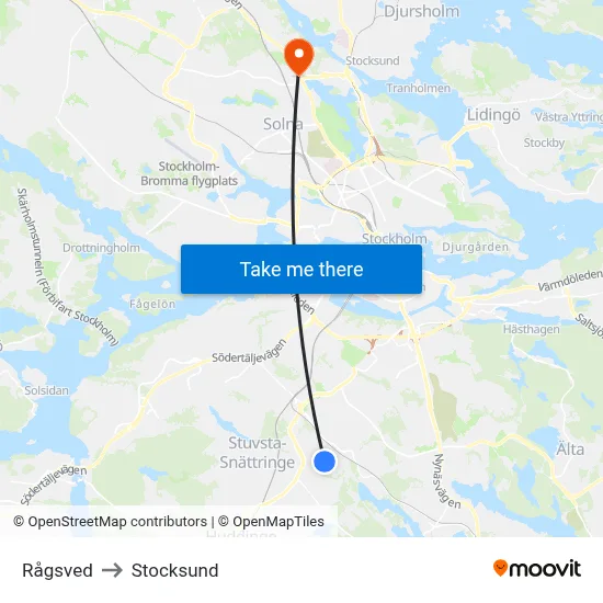 Rågsved to Stocksund map
