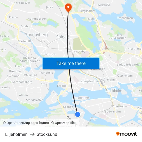 Liljeholmen to Stocksund map