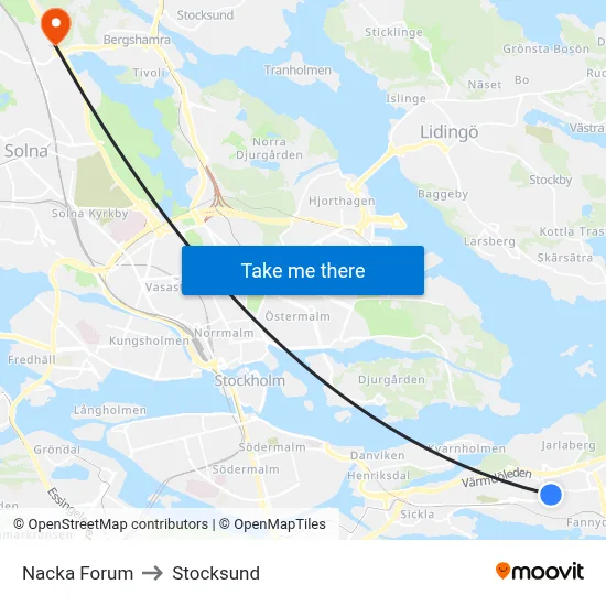 Nacka Forum to Stocksund map