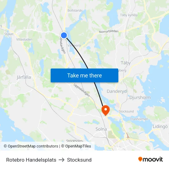 Rotebro Handelsplats to Stocksund map