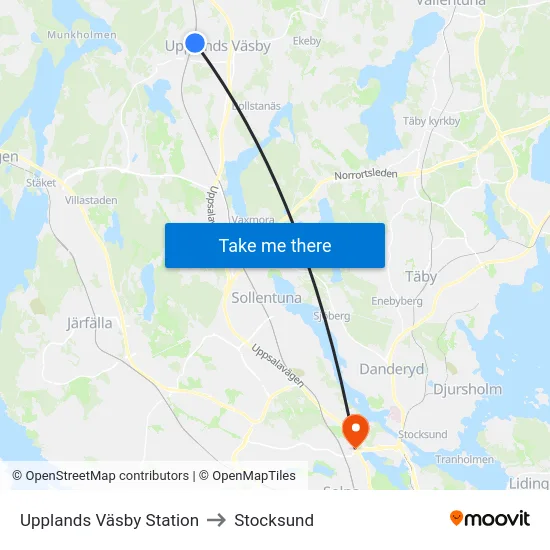 Upplands Väsby Station to Stocksund map