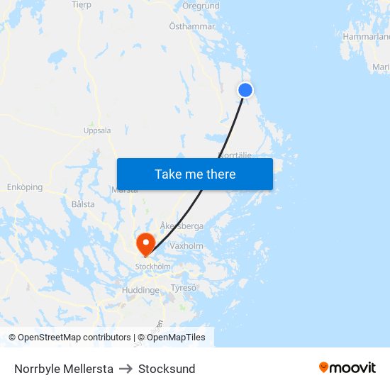 Norrbyle Mellersta to Stocksund map