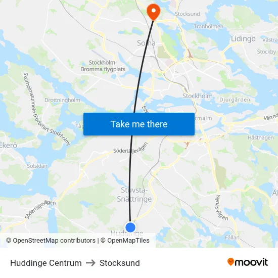 Huddinge Centrum to Stocksund map