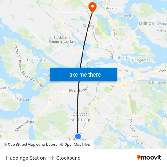 Huddinge Station to Stocksund map