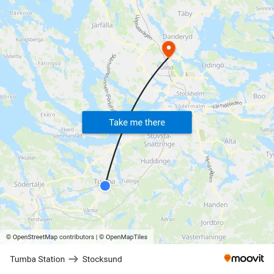 Tumba Station to Stocksund map