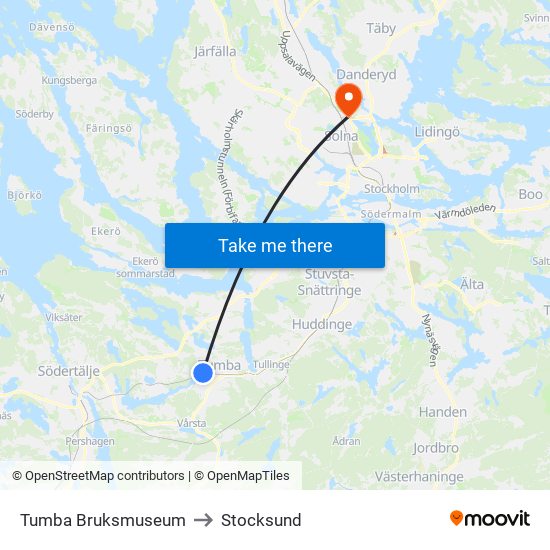 Tumba Bruksmuseum to Stocksund map