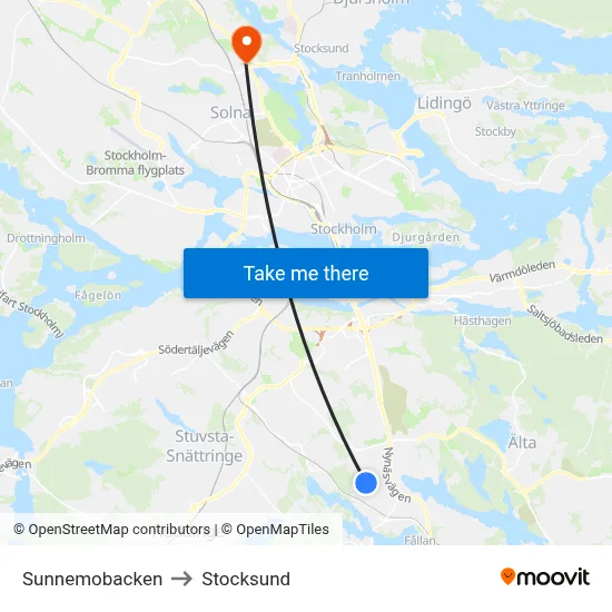 Sunnemobacken to Stocksund map