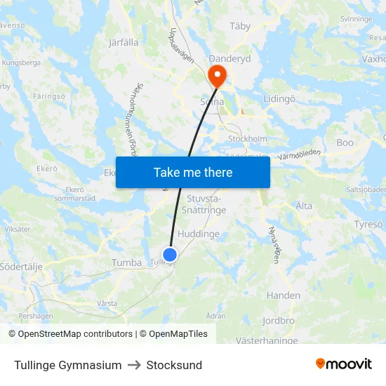 Tullinge Gymnasium to Stocksund map