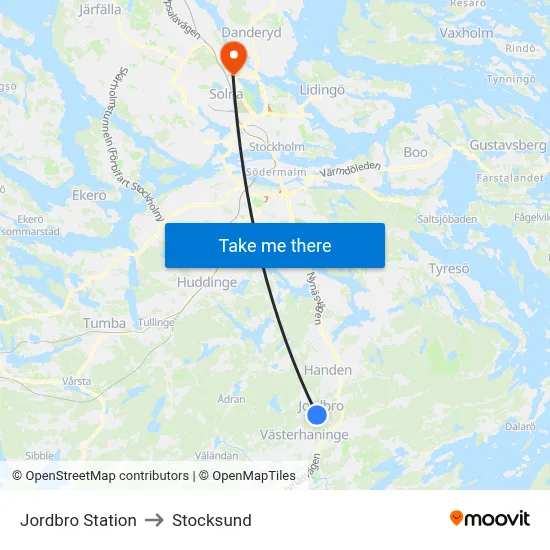 Jordbro Station to Stocksund map