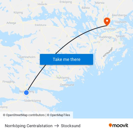 Norrköping Centralstation to Stocksund map