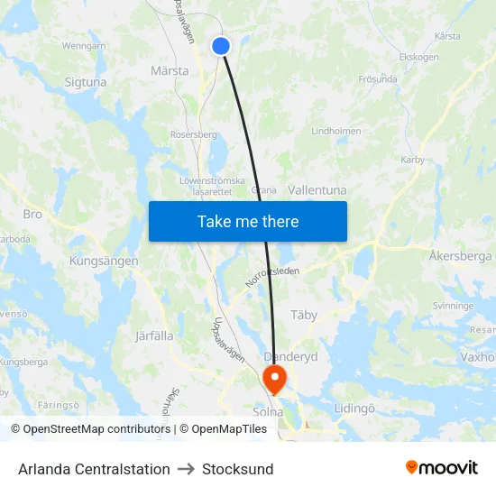 Arlanda Centralstation to Stocksund map